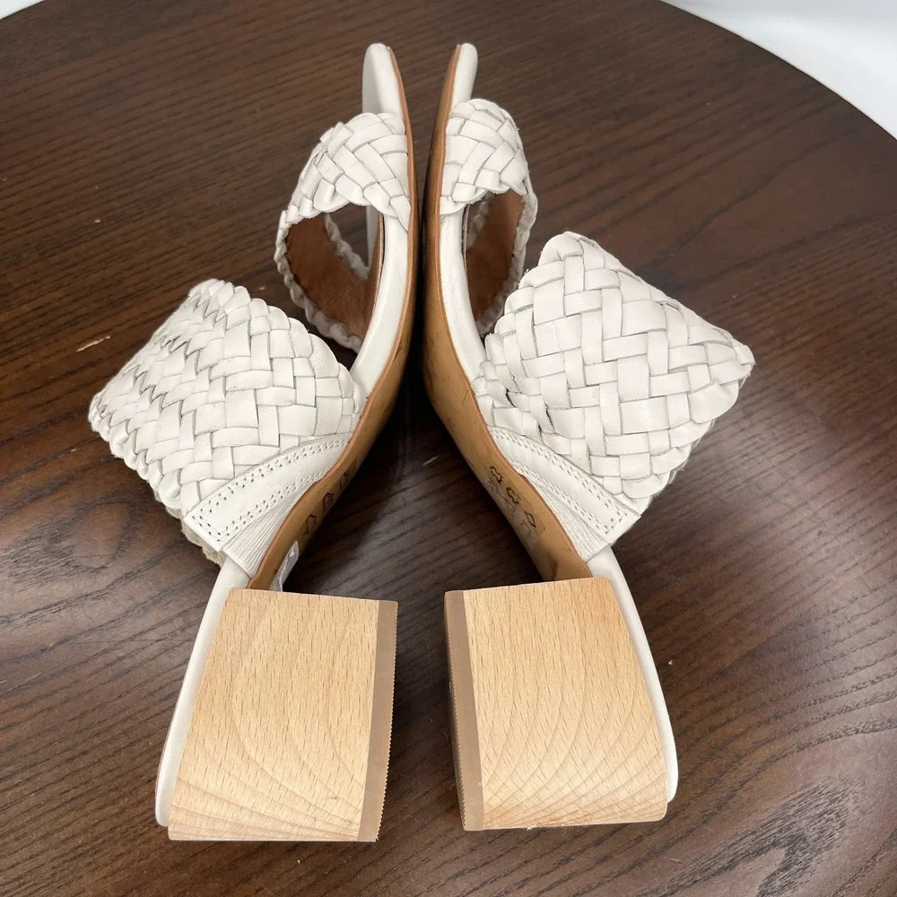 Madewell Kiera Sandals Women 6.5 Pale Oyster Woven Leather Block Heel Mule AM223 - Picture 6 of 16